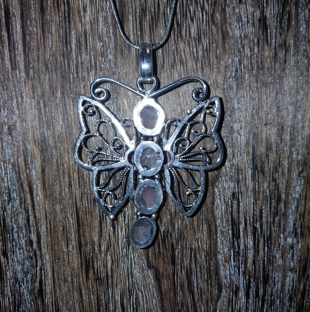 Silver Rose Quartz Butterfly Pendant Necklace - Picture 4 of 7